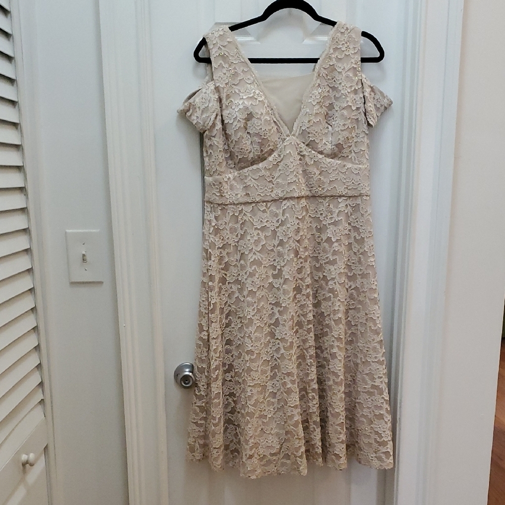 R&M Richards Tan Fit and Flare Midi Dress with Cold Shoulder